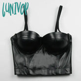 Lunivop Women Summer Fashion Sexy Strap V Neck Leather White Black Ladies Top Celebrity Designer